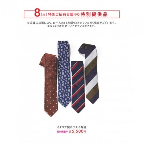 8日(火)特別ご招待日限りの特別提供品 イタリア製 ネクタイ各種 100点限り 各5,500円